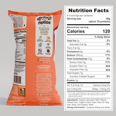 Unique Snacks Sprouted Splits Pretzels bag closeup highlights crisp, baked texture.