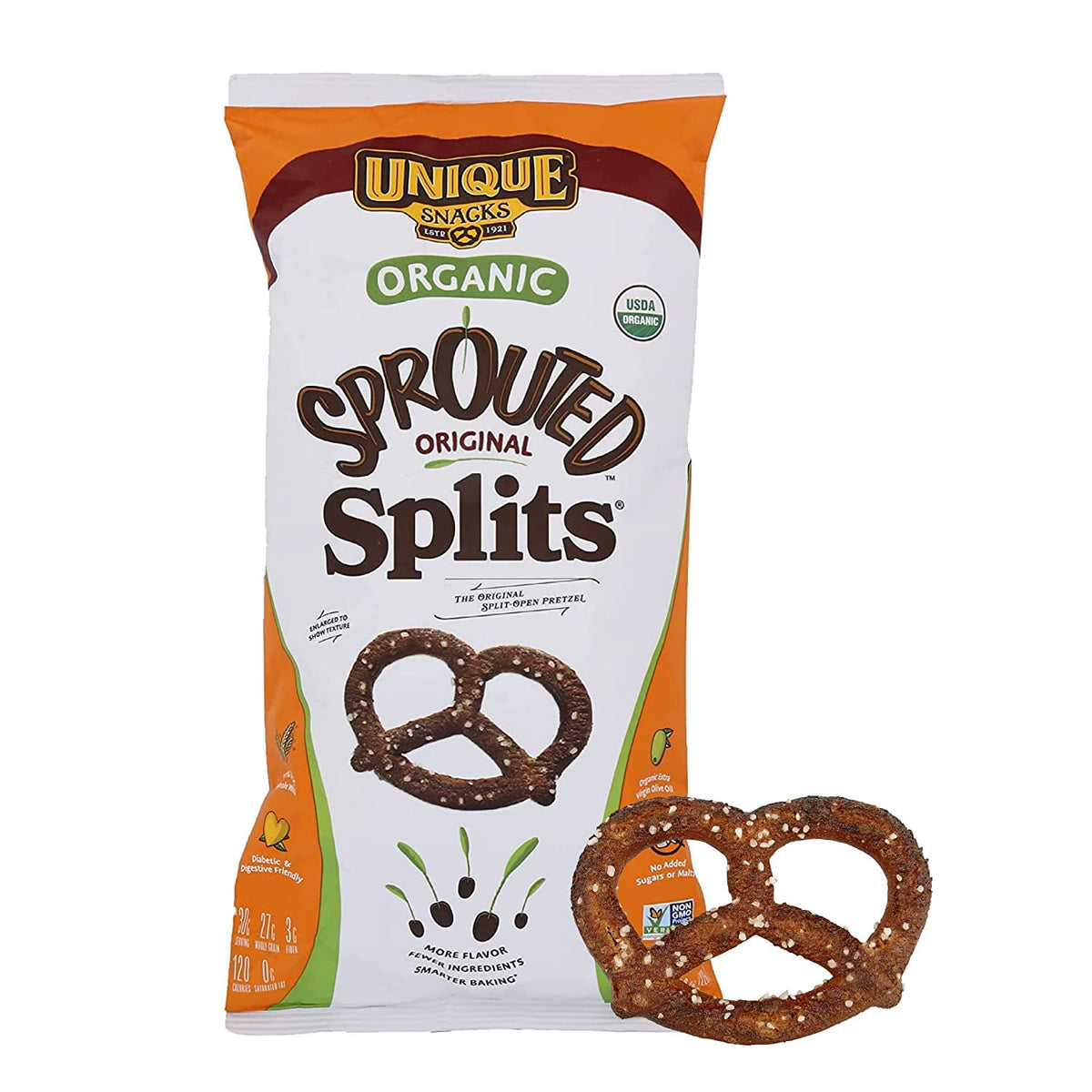 Unique Snacks Sprouted Splits Pretzels bag showing crisp, wholesome crunch.