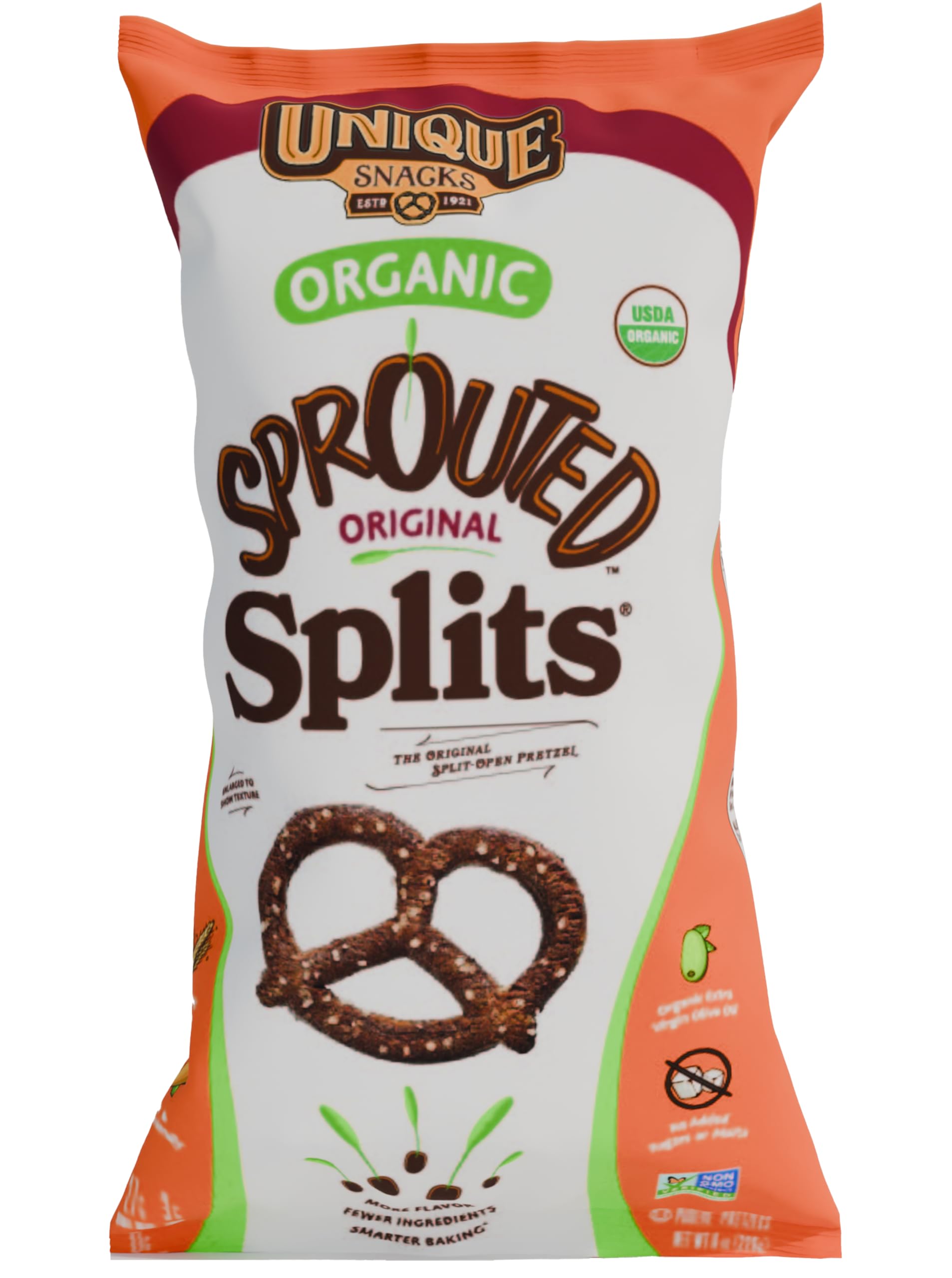 Unique Snacks Sprouted Splits Pretzels front bag view shows wholesome, kosher snacking.