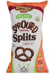 Unique Snacks Sprouted Splits Pretzels front bag view shows wholesome, kosher snacking.