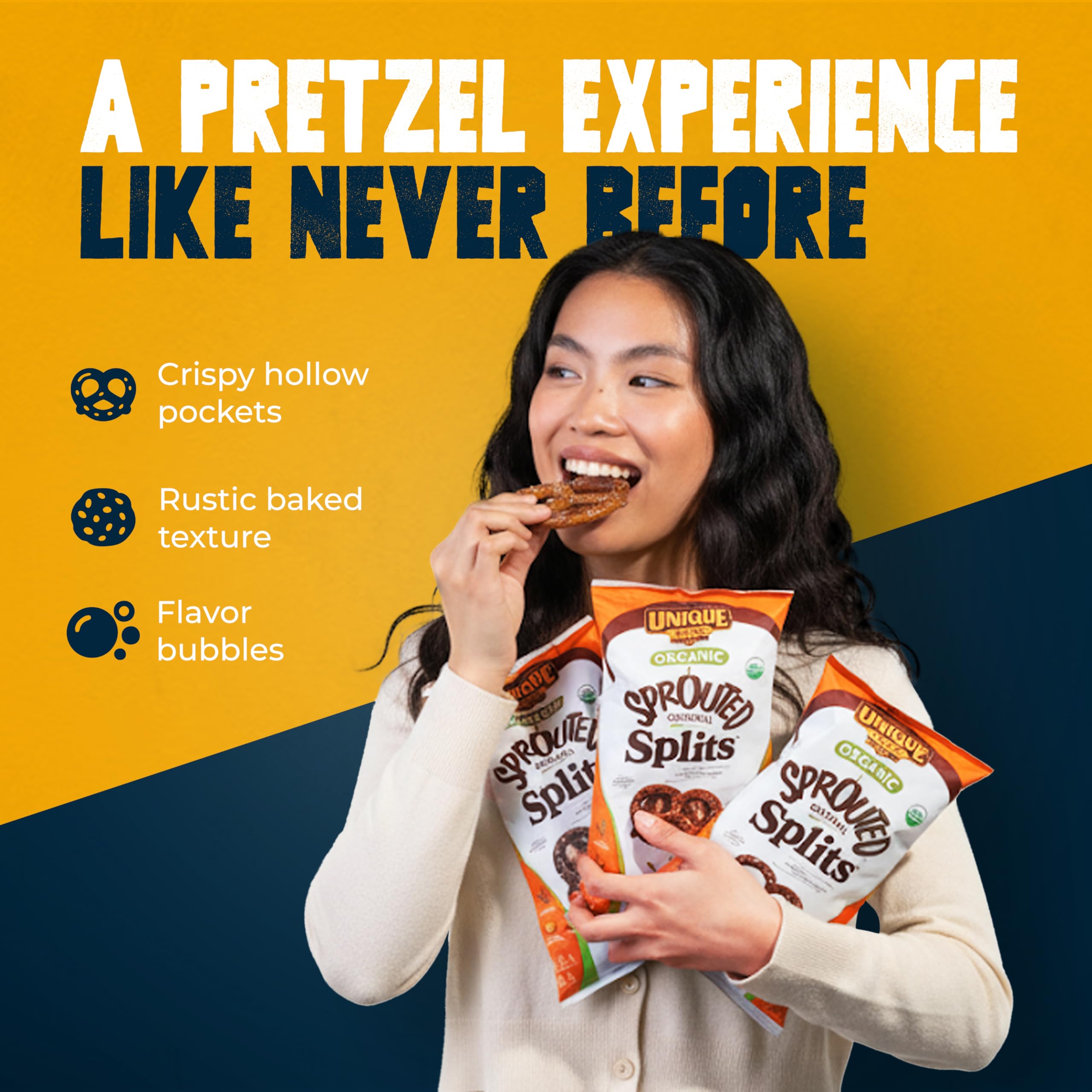 Unique Snacks Sprouted Splits Pretzels ingredients shot emphasizes natural ingredients.