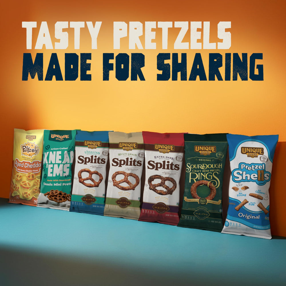 Unique Snacks Sprouted Splits Pretzels kosher seal reinforces trusted snacking.