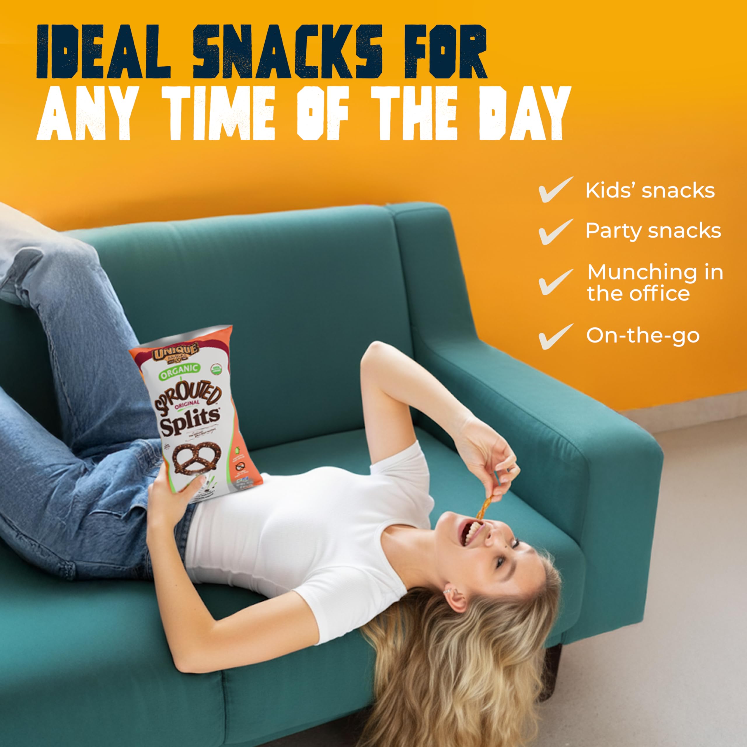 Unique Snacks Sprouted Splits Pretzels non-GMO badge highlights clean ingredients.