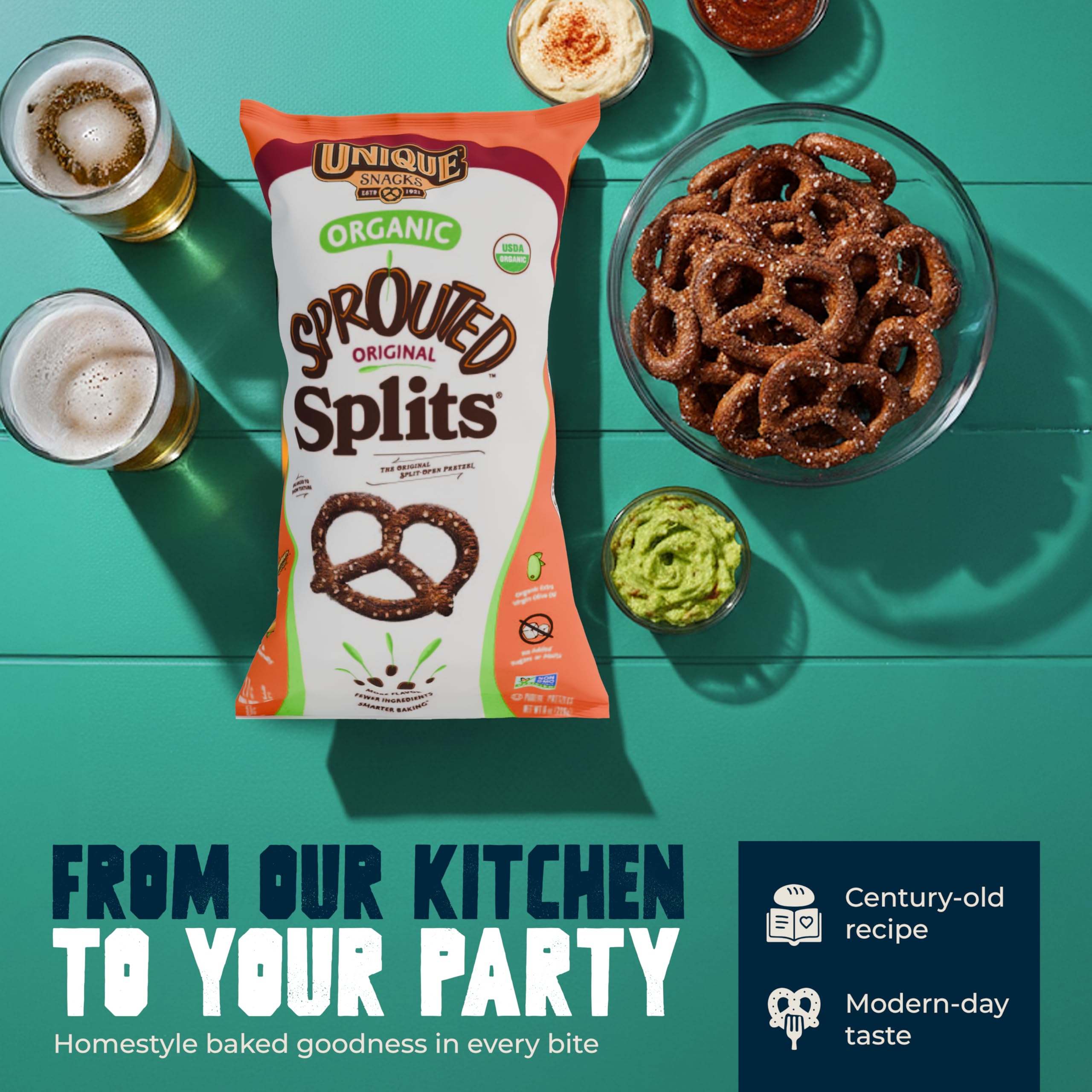 Unique Snacks Sprouted Splits Pretzels texture closeup suggests satisfying crunch.