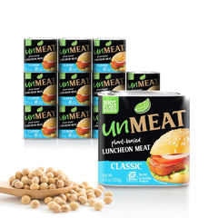 UnMEAT luncheon slices in a can front, convenient plant-based protein for quick meals.