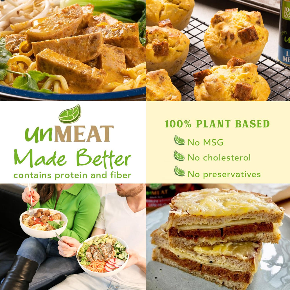 UnMEAT luncheon slices ingredients closeup, showing non-GMO plant protein and clean label.