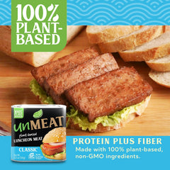 UnMEAT luncheon slices on a sandwich assembly, perfect for a tasty meat-free lunch.