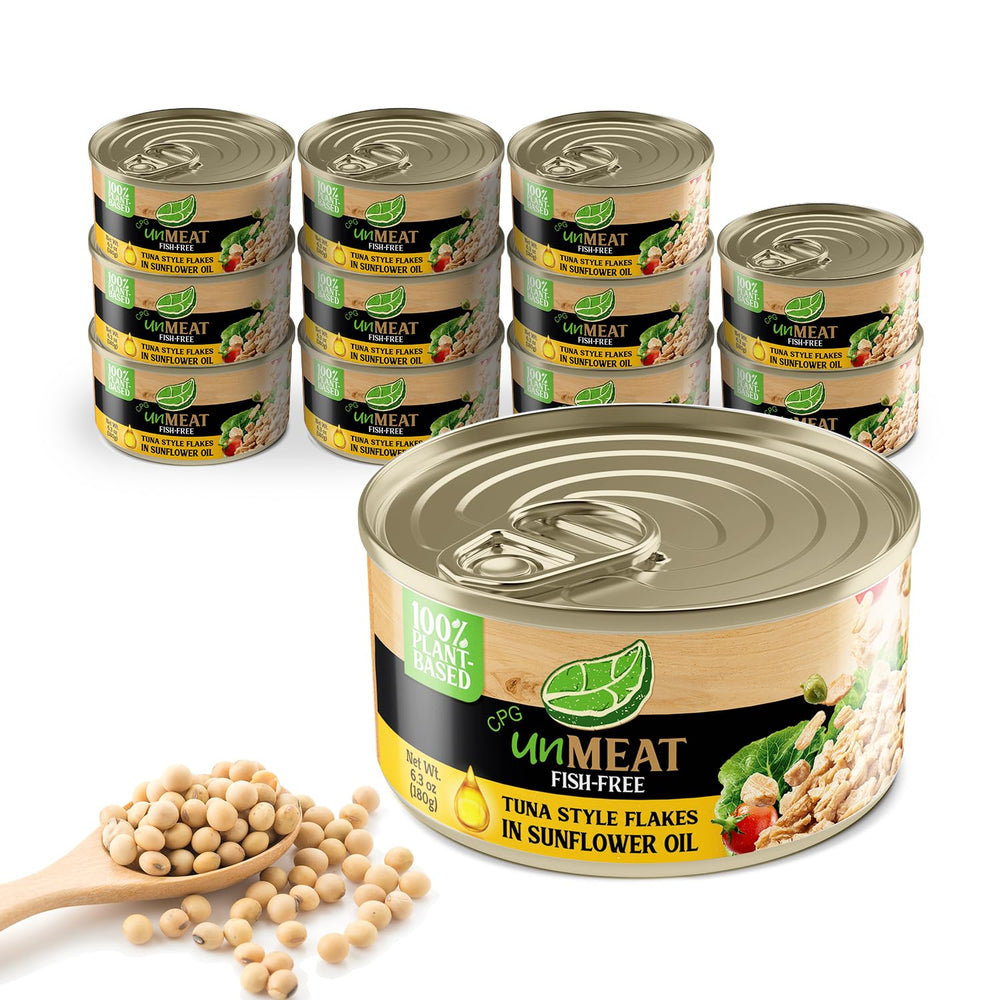 unMEAT Tuna Style Flakes in water-packed can for light, easy meals.