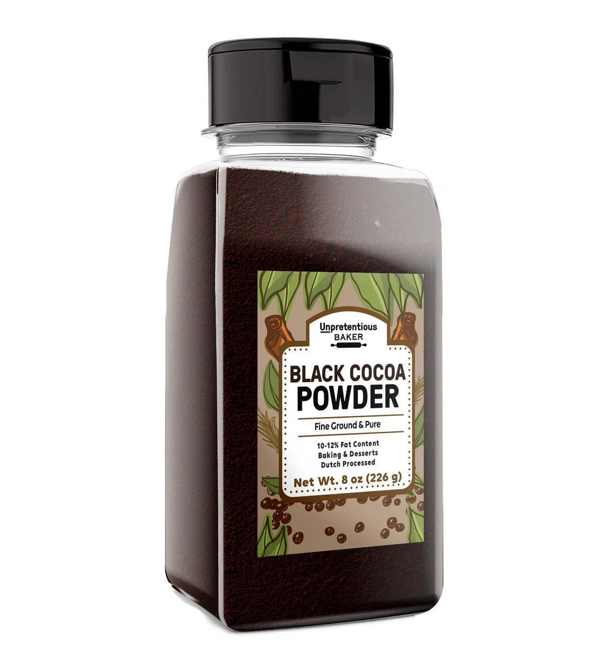 Unpretentious Black Cocoa Powder in Dutch-processed packaging for smooth, rich chocolate flavor.