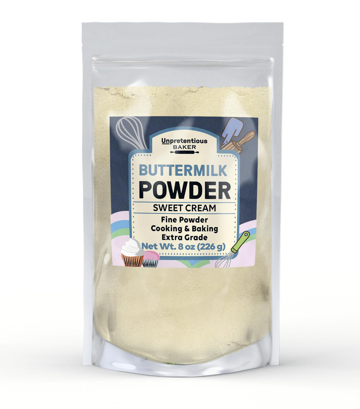 Unpretentious Buttermilk Powder packaging, USA-made, ready for home cooks.