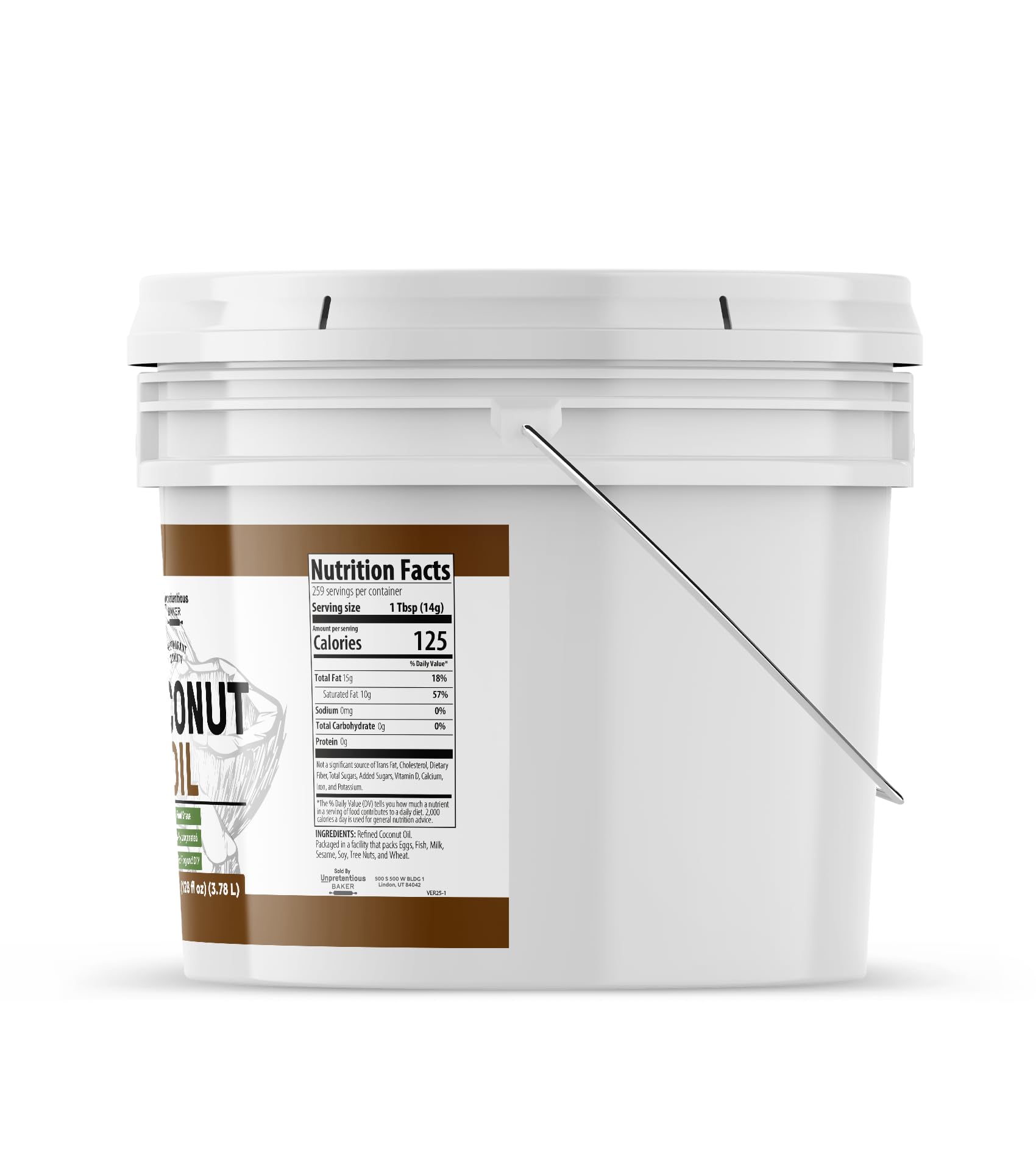 Closeup of Unpretentious Coconut Oil bucket label highlighting neutral flavor and scent.