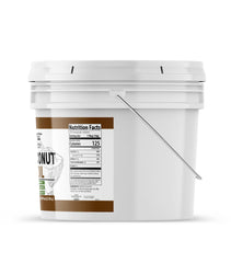 Closeup of Unpretentious Coconut Oil bucket label highlighting neutral flavor and scent.