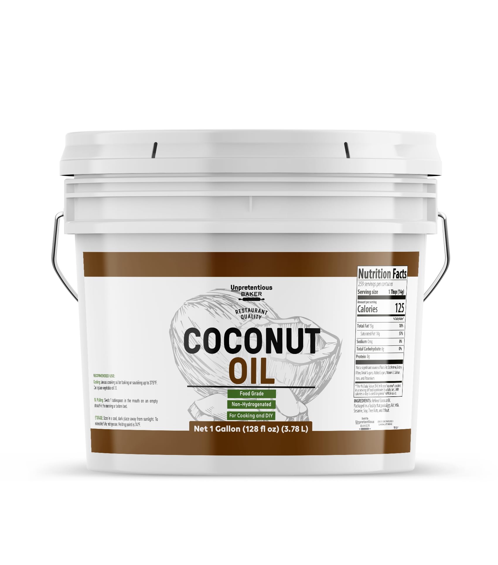 Unpretentious Coconut Oil bucket front label for versatile cooking and skincare.