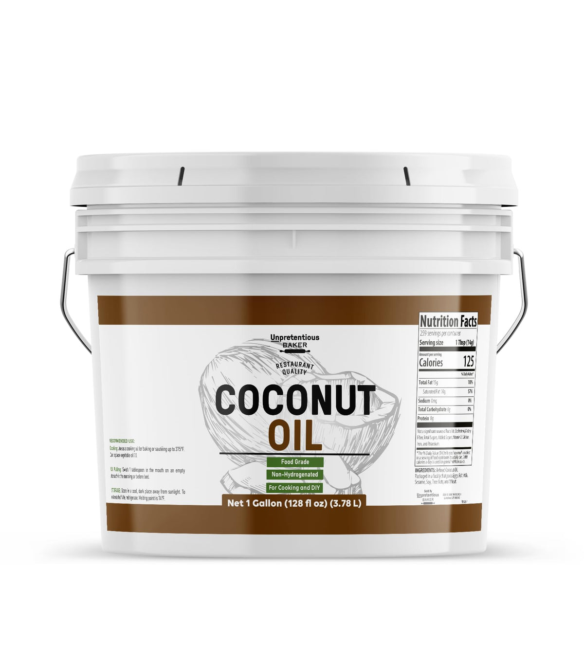 Unpretentious Coconut Oil bucket front label for versatile cooking and skincare.
