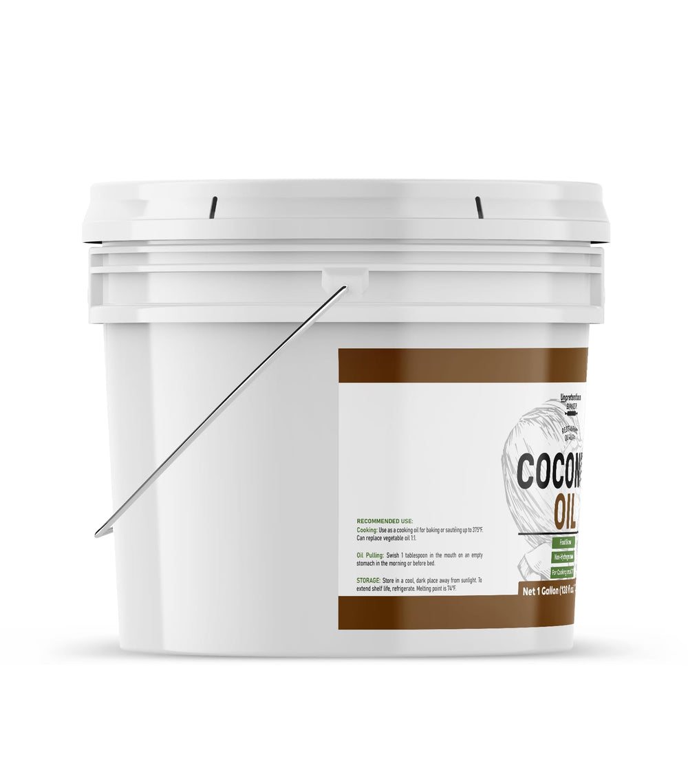 Pour spout on Unpretentious Coconut Oil for easy kitchen use.