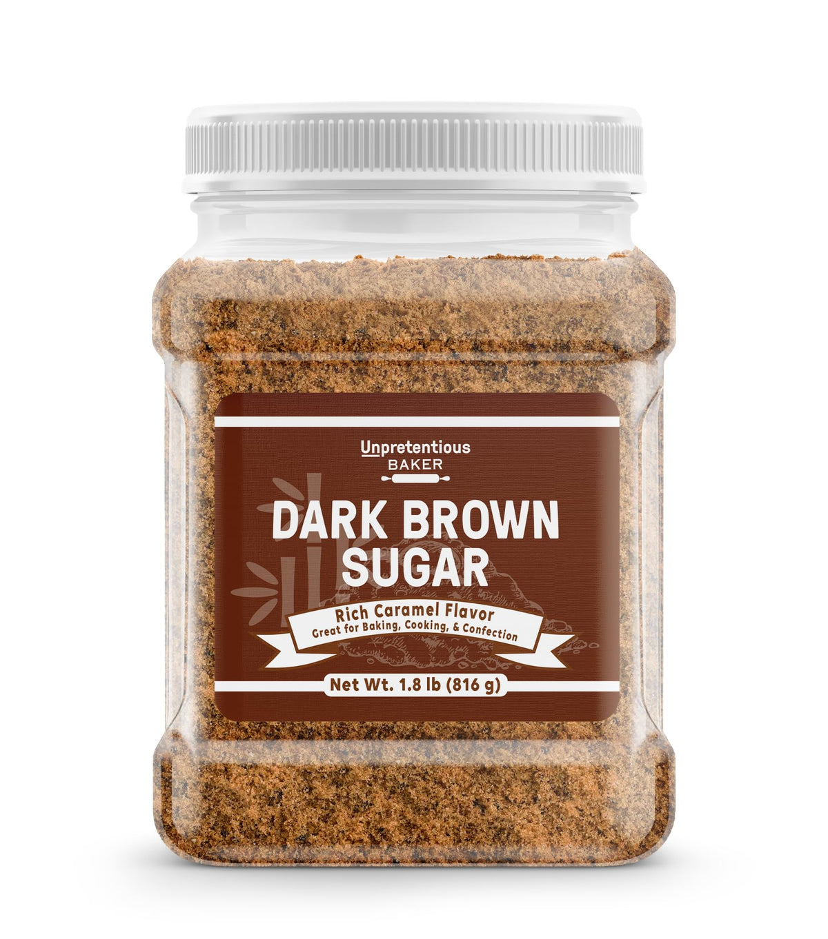 Unpretentious Dark Brown Sugar packaging on shelf for pantry organization and quick baking.