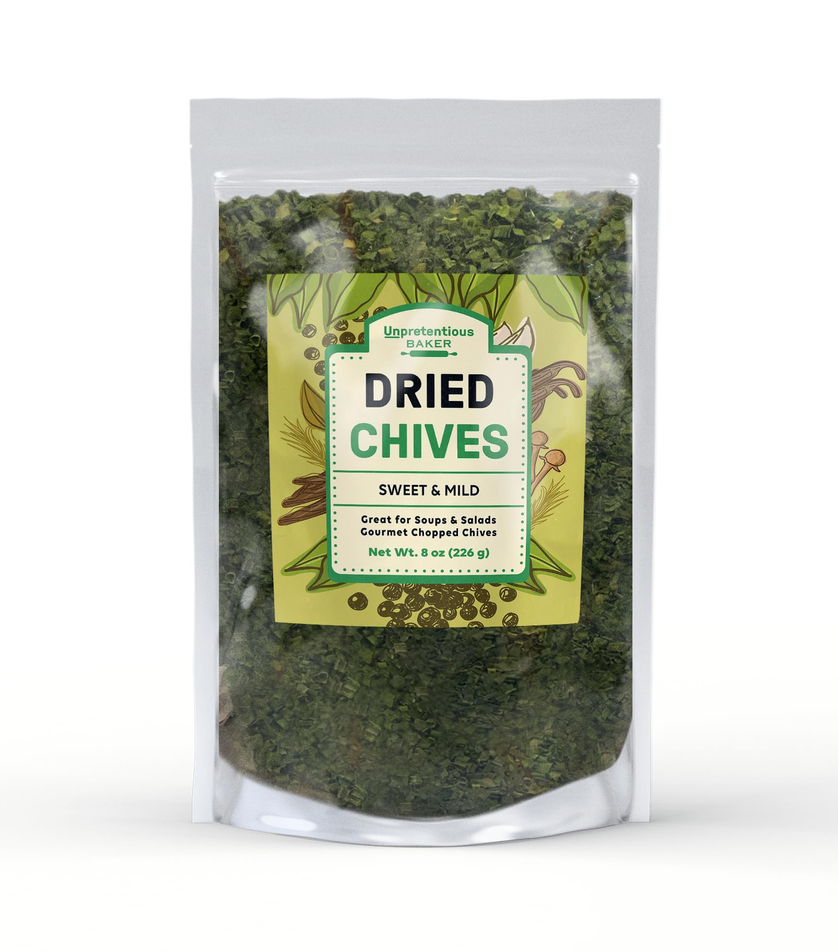 Unpretentious dried chives bag closeup; resealable packaging keeps freshness for toppings