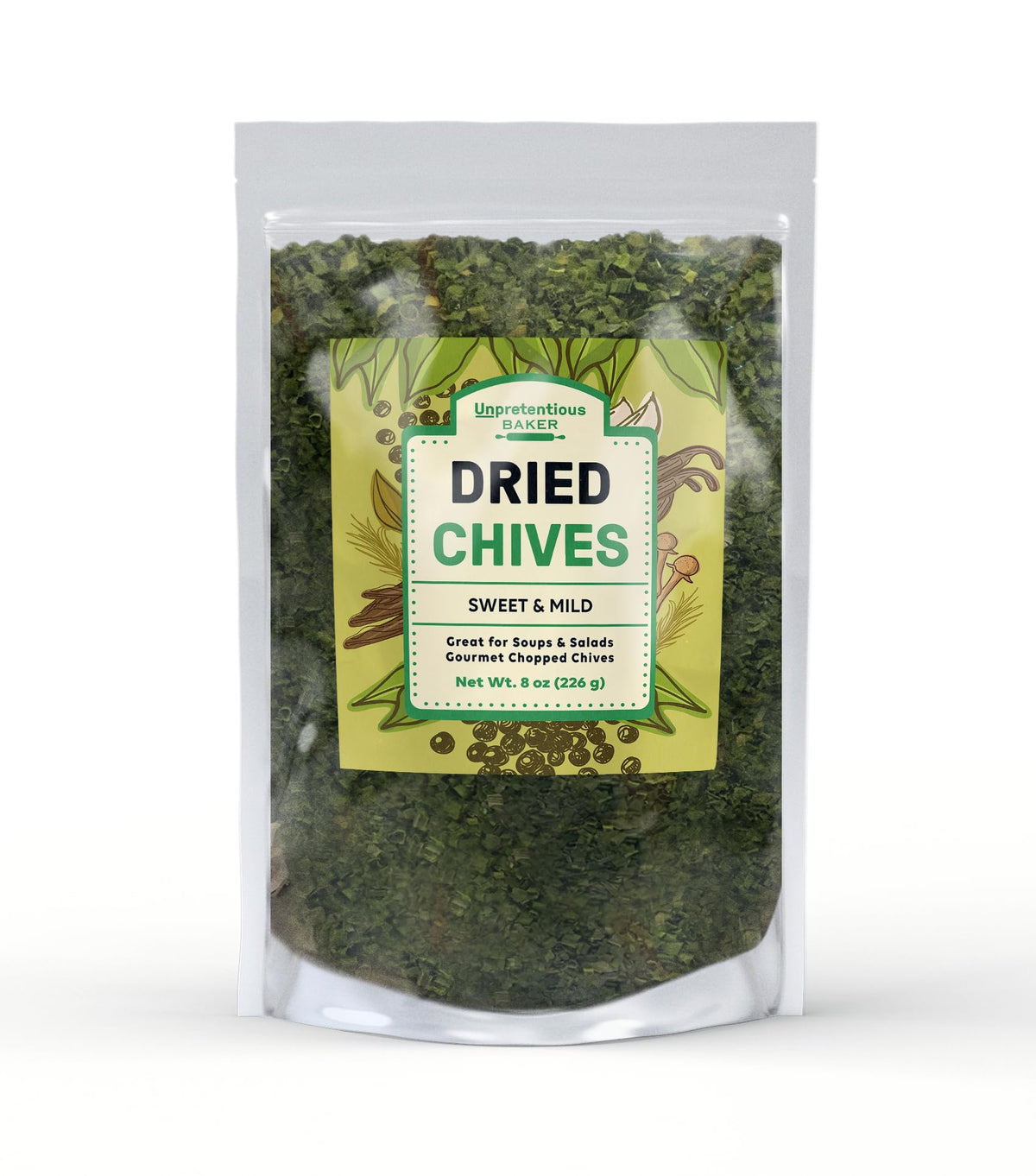 Unpretentious dried chives bag closeup; resealable packaging keeps freshness for toppings