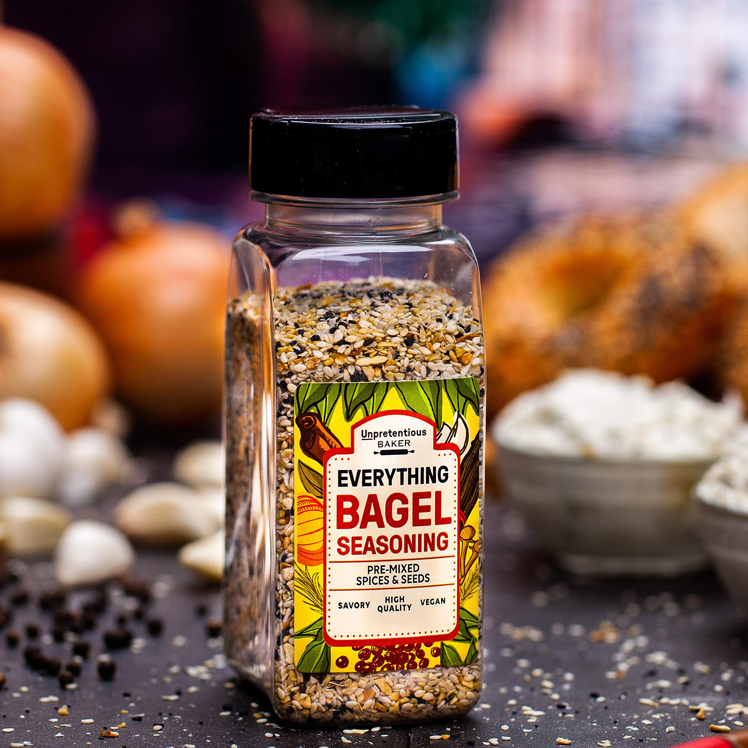Unpretentious Everything Bagel Seasoning bottle on counter for quick savory seasoning in recipes.