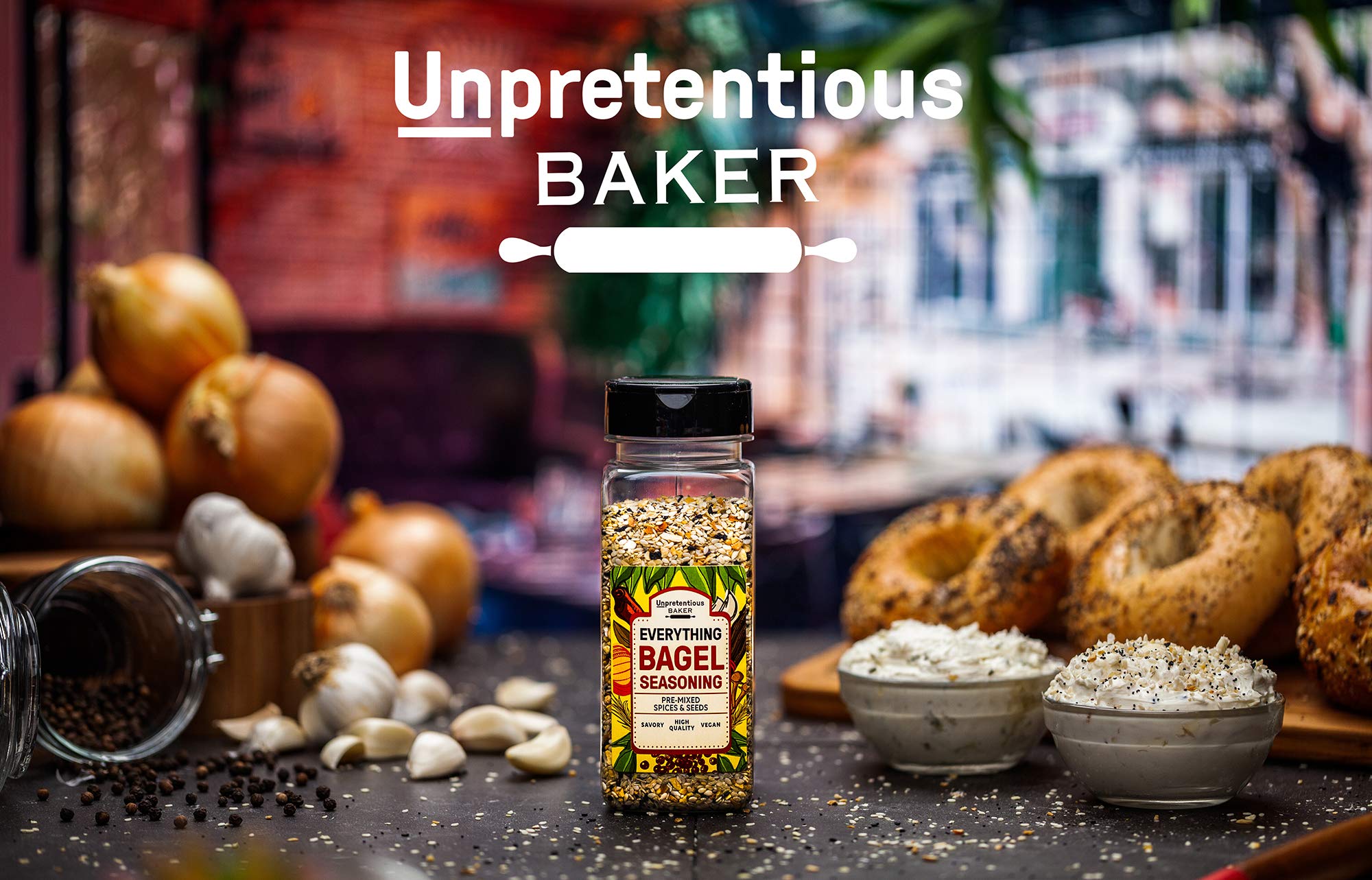 Unpretentious Everything Bagel Seasoning jar with label, easy to grab for snacks and vegetables.