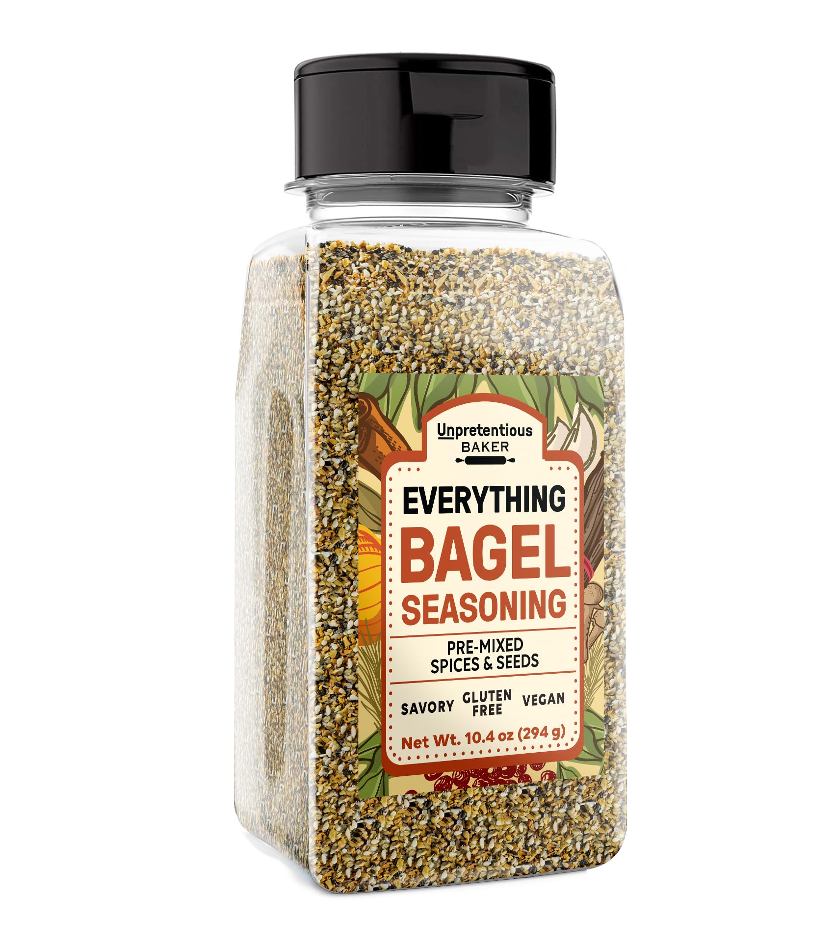 Unpretentious Everything Bagel Seasoning shaker front view for elevating toast, eggs, and vegetables.