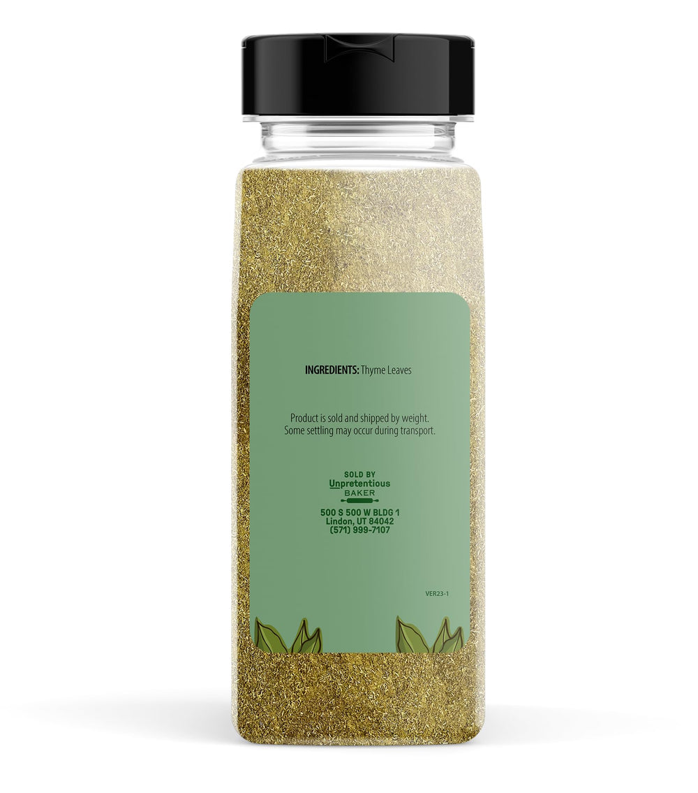 Close-up of Unpretentious ground thyme jar label highlighting vegan and gluten-free quality