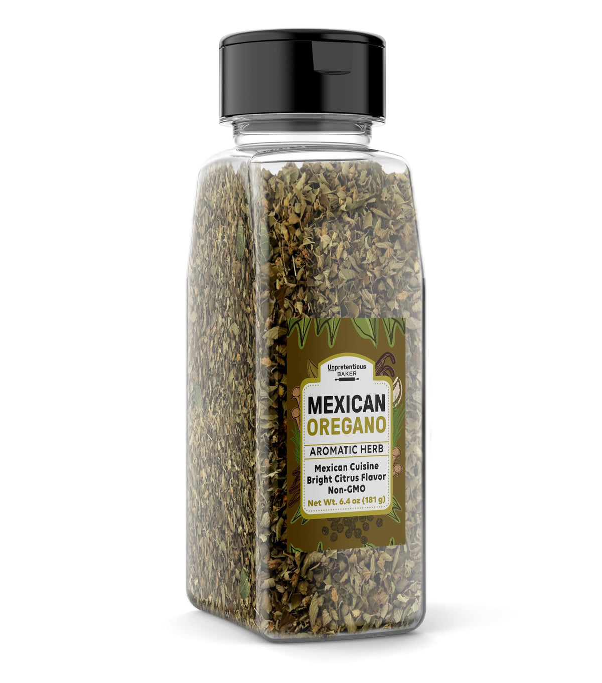 Unpretentious Mexican Oregano jar showing bright aroma, ideal for sauces.
