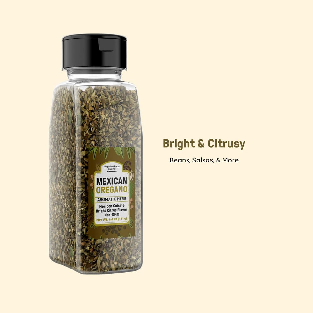 Unpretentious Mexican Oregano packaging highlights US-made quality and vegan suitability.