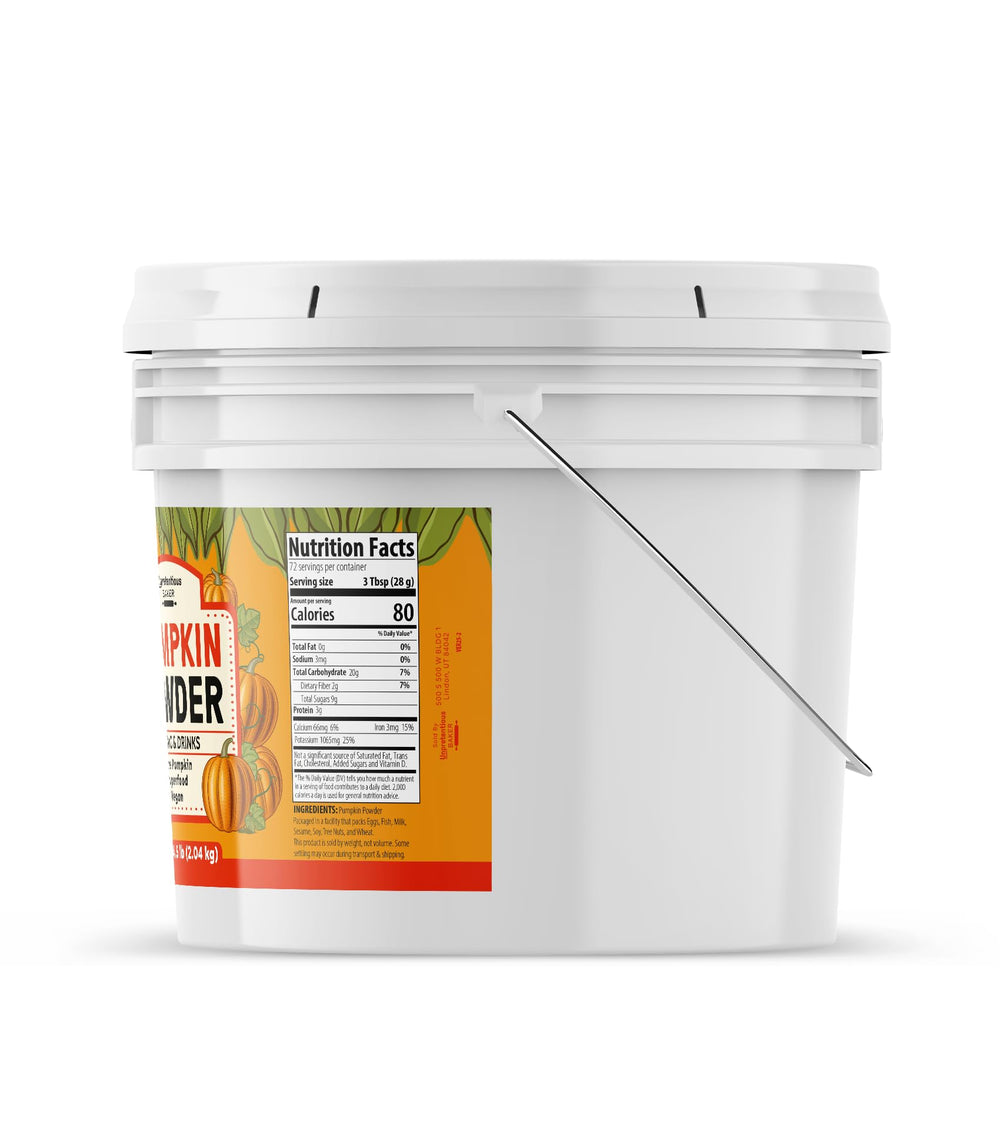 Unpretentious Pumpkin Powder tub closeup highlighting vibrant orange powder for smoothies and desserts.