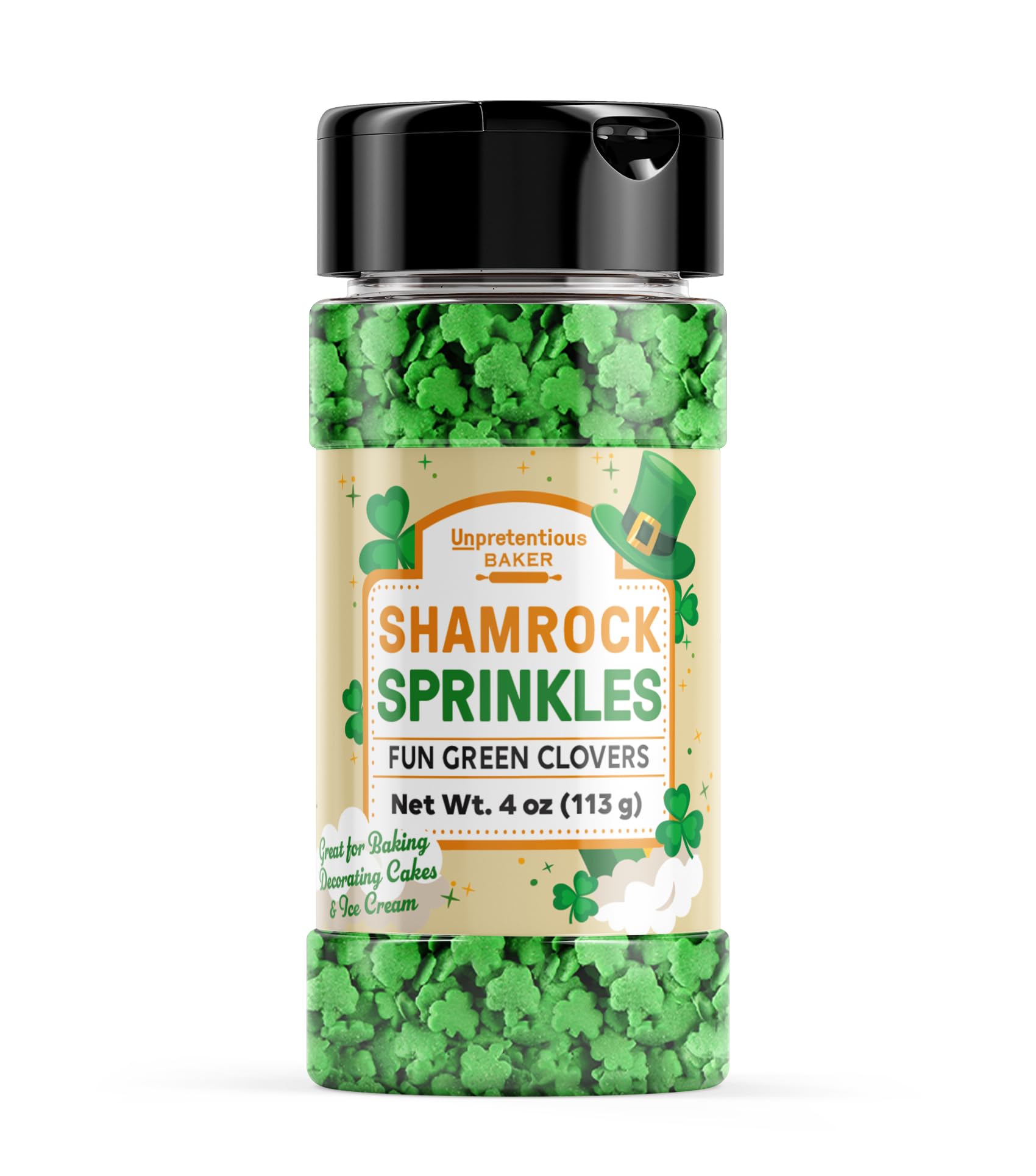 Unpretentious Shamrock Sprinkles adorn a cake with festive shamrocks for St. Patrick's Day.