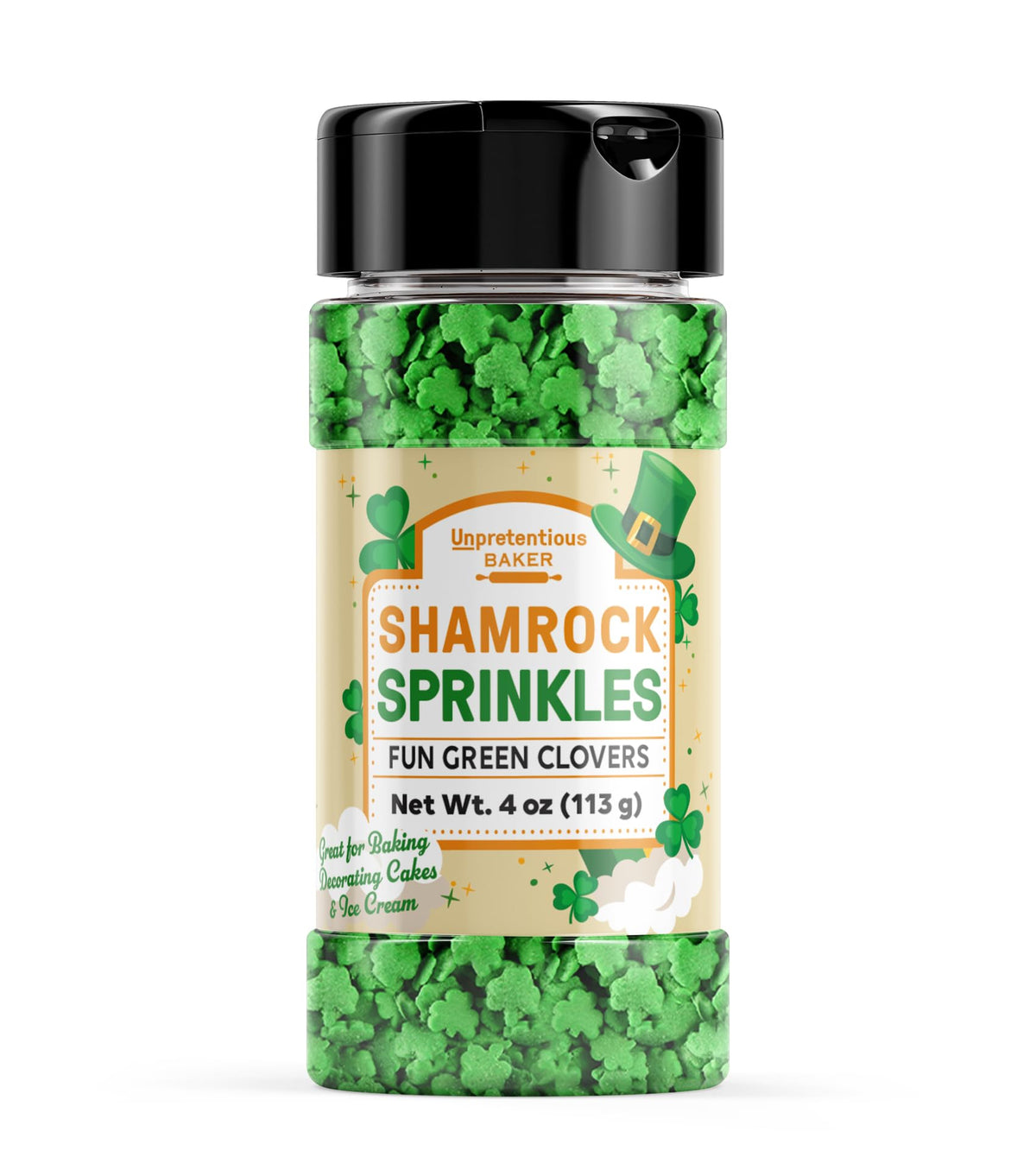 Unpretentious Shamrock Sprinkles adorn a cake with festive shamrocks for St. Patrick's Day.