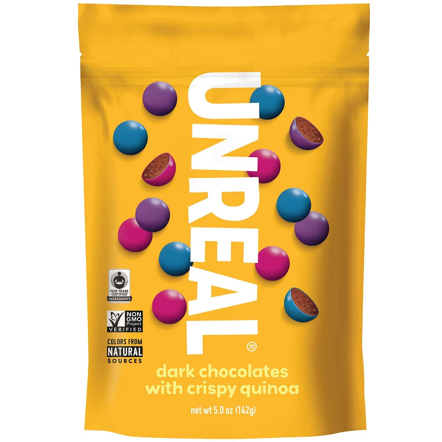 UNREAL Dk Crspy Qunoa bar close-up showing crispy quinoa for a crunchy, rich chocolate experience.