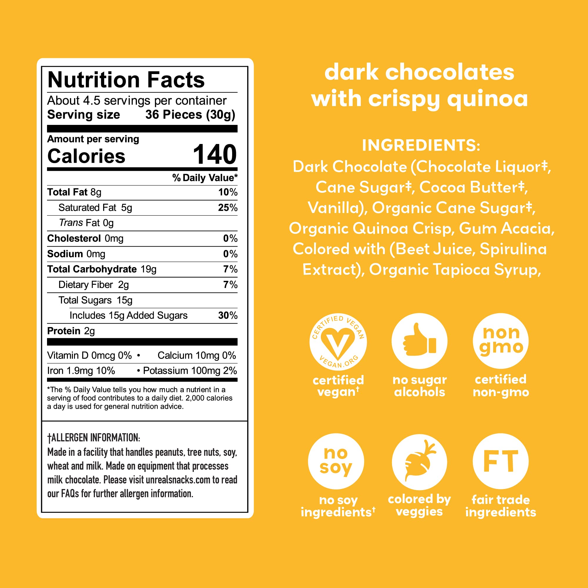 UNREAL Dk Crspy Qunoa bar close-up highlighting crisp quinoa textures in dark chocolate.