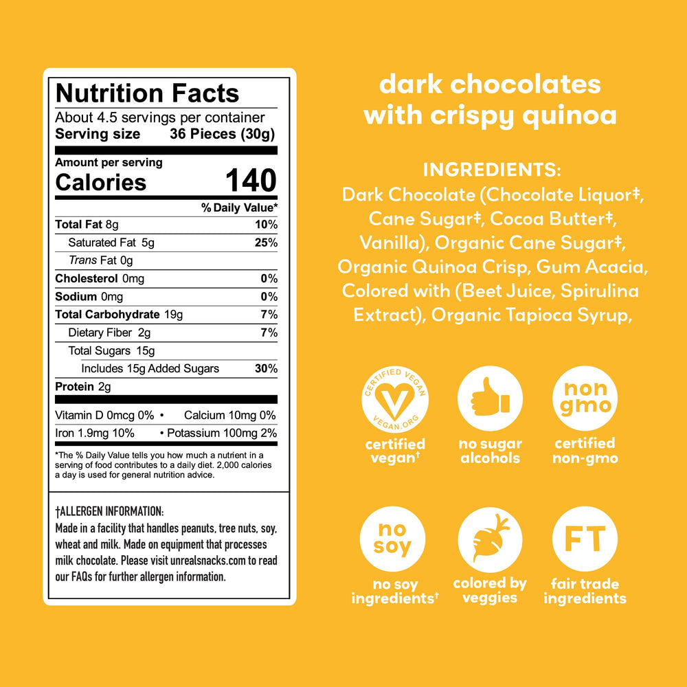 UNREAL Dk Crspy Qunoa bar close-up highlighting crisp quinoa textures in dark chocolate.