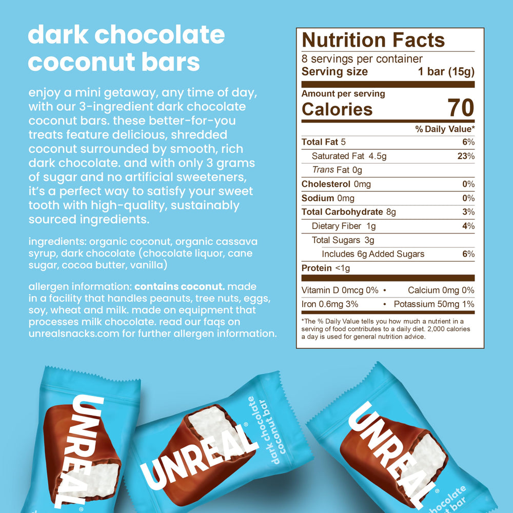 UNREAL Dark Chocolate Coconut Bars presented with tropical notes for a flavorful bite.