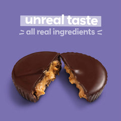 UNREAL almond butter cup on a surface ideal for on-the-go.