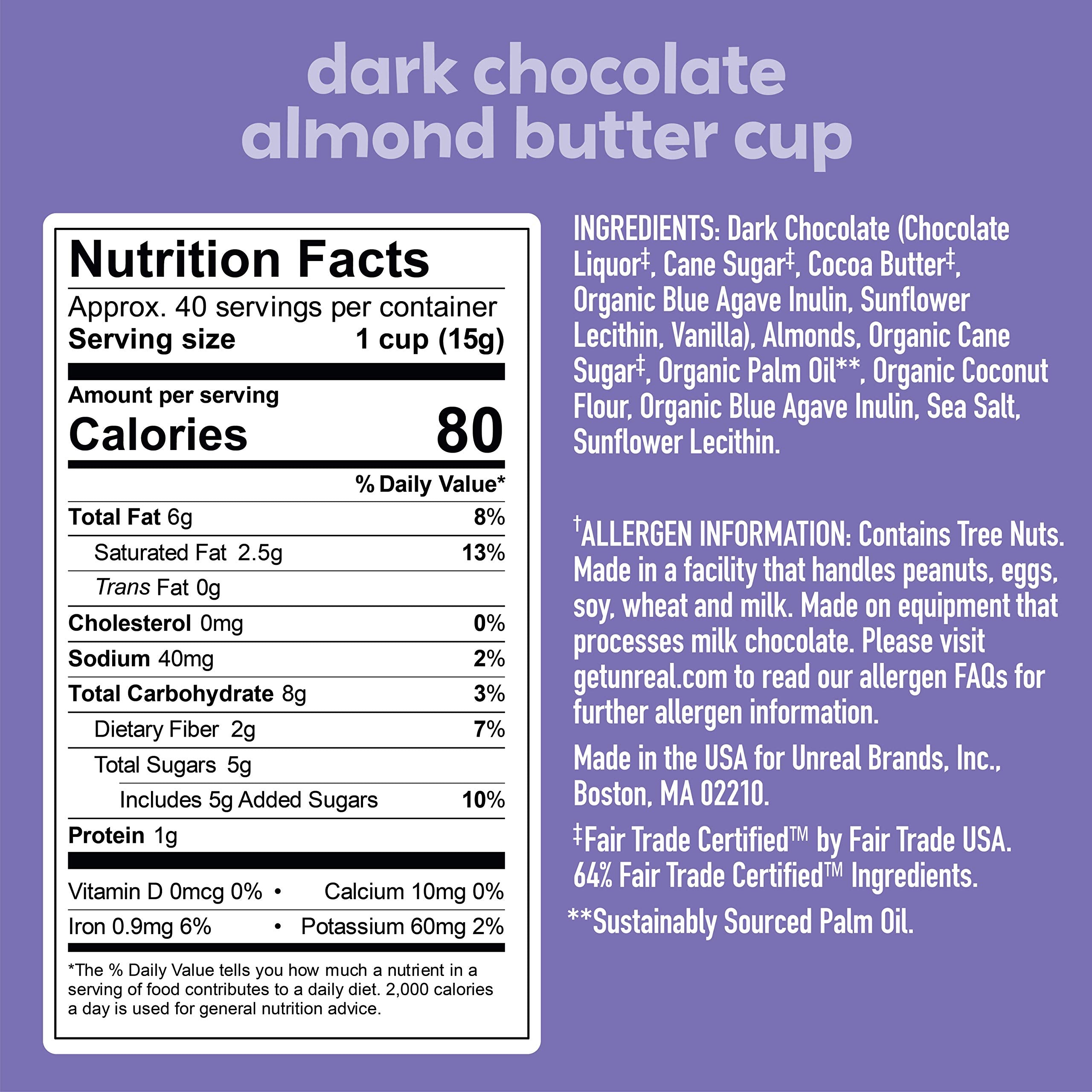 Close-up of UNREAL dark chocolate almond butter with rich flavor.