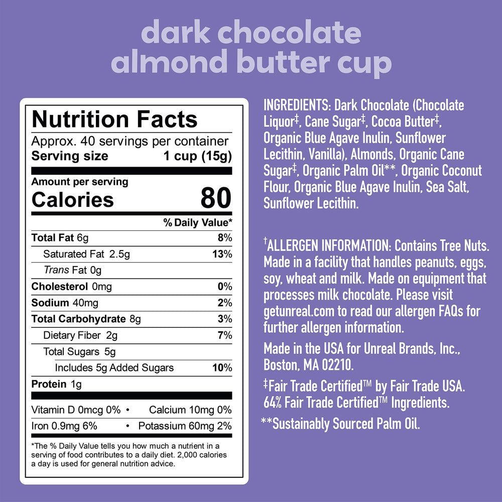 Close-up of UNREAL dark chocolate almond butter with rich flavor.