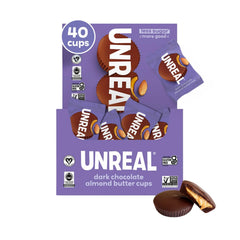 UNREAL dark chocolate almond butter cups pack front for on-the-go snacking