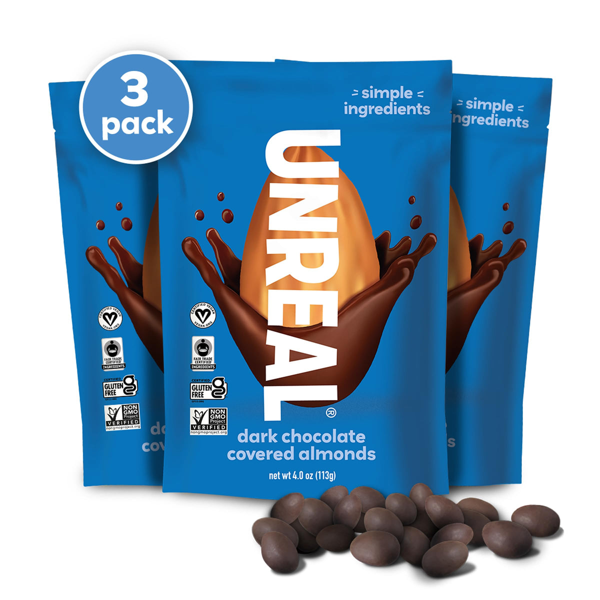UNREAL Dark Chocolate Almonds packaging with three resealable bags for freshness.