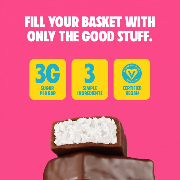 UNREAL dark chocolate closeup with coconut highlighting 3g sugar per bar.