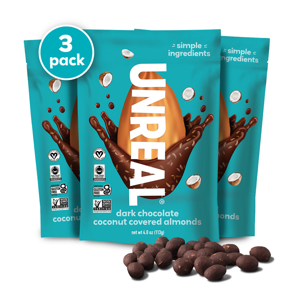 UNREAL packshot showcasing a convenient vegan snack option.