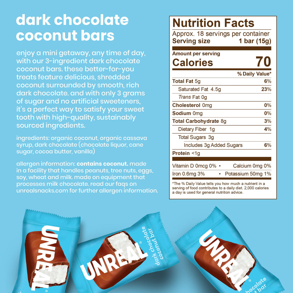 UNREAL dark chocolate coconut bars close-up reveals rich chocolate and coconut texture.