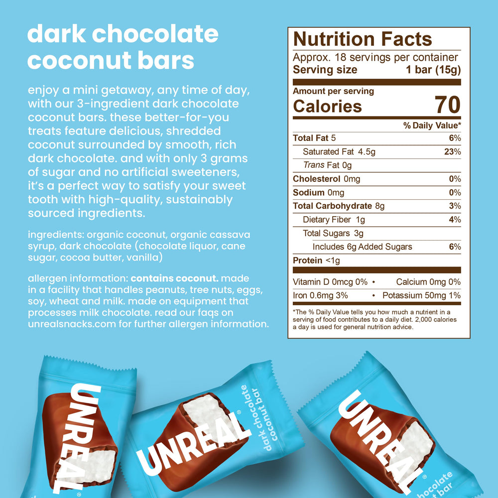 Close-up of UNREAL Dark Chocolate Coconut Bars mini bars with chocolate and coconut.