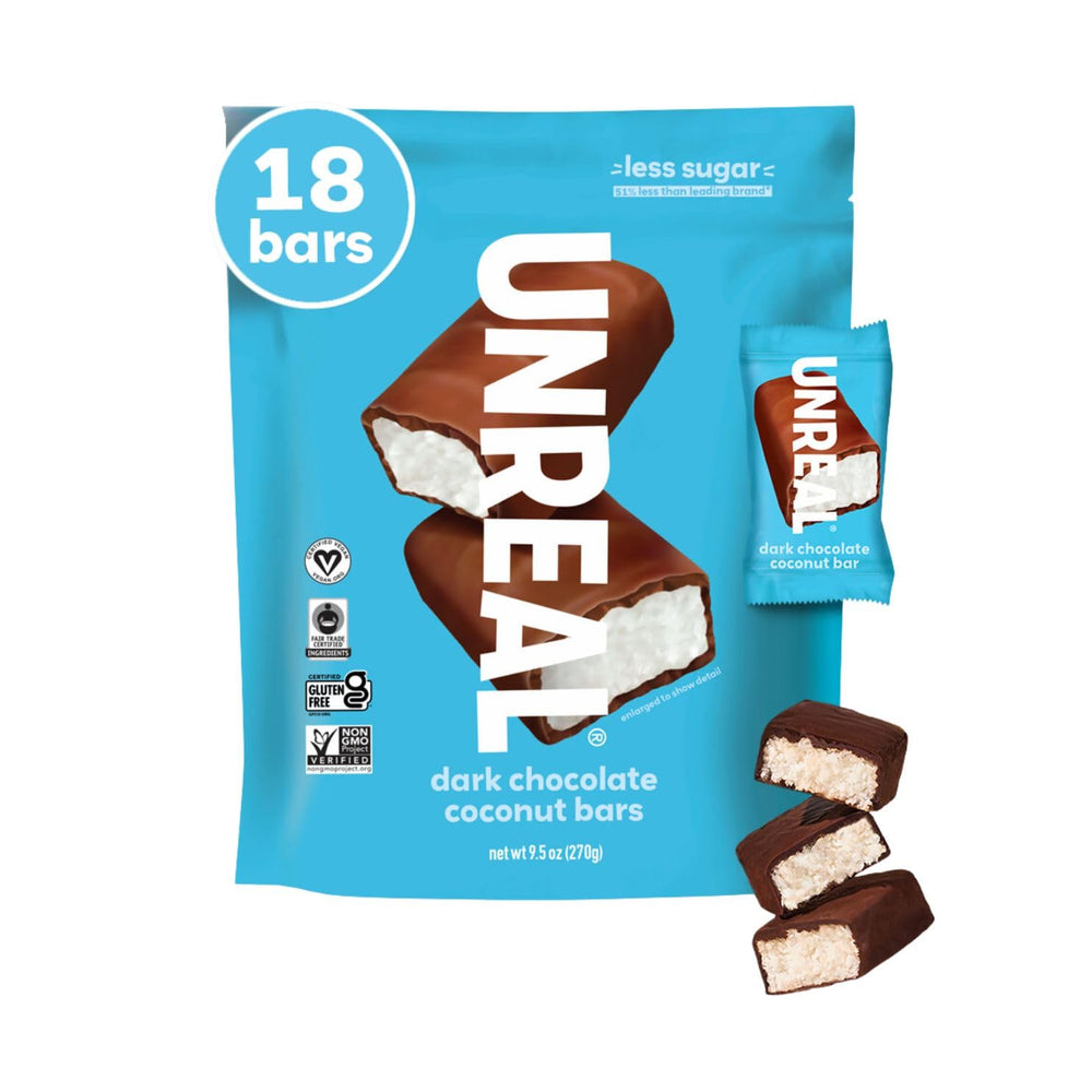 UNREAL dark chocolate coconut bars value bag, ideal on-the-go snack with low sugar.