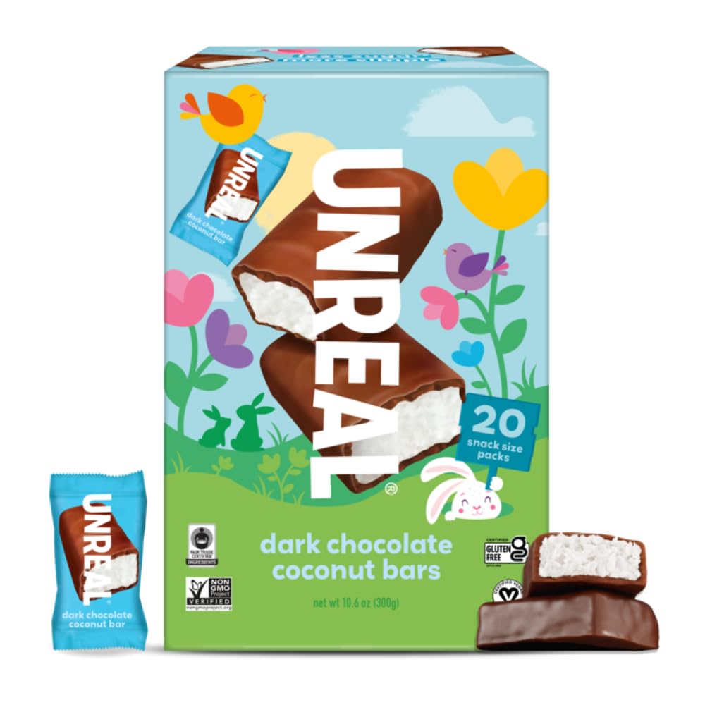 UNREAL dark chocolate Easter coconut bars packaging highlighting gluten-free, vegan snack for Easter gifting.