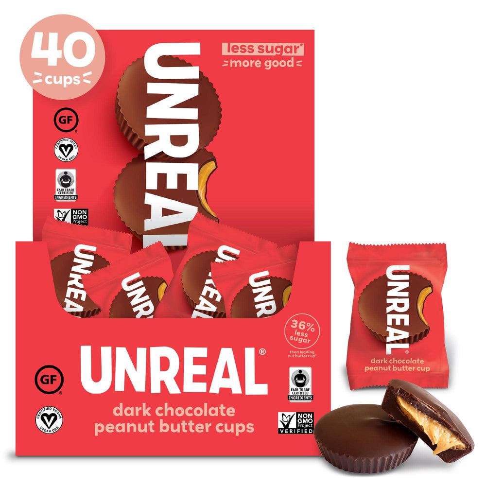 UNREAL dark chocolate peanut butter cups packaging showing a convenient vegan indulgence