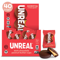UNREAL dark chocolate peanut butter cups packaging showing a convenient vegan indulgence