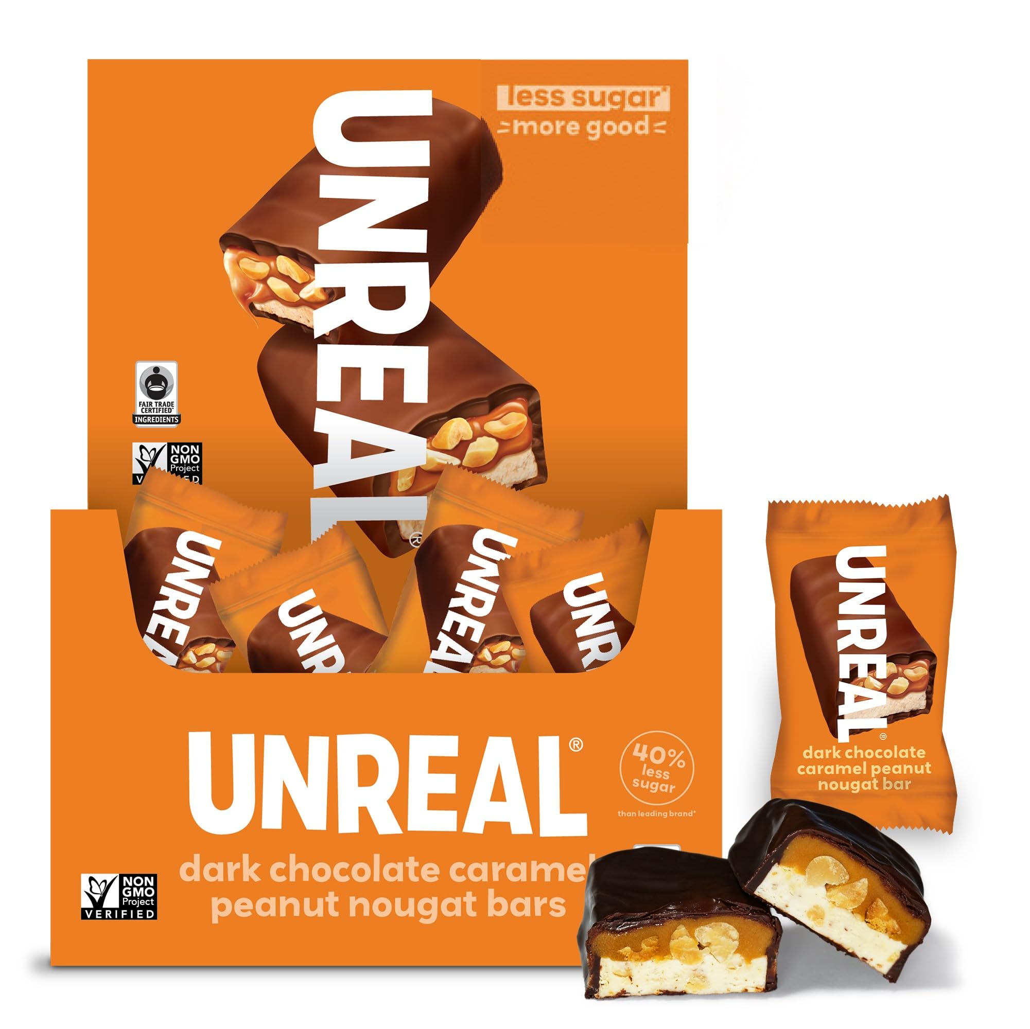 UNREAL dark chocolate peanut caramel nougat bar close-up, satisfying snack on the go.