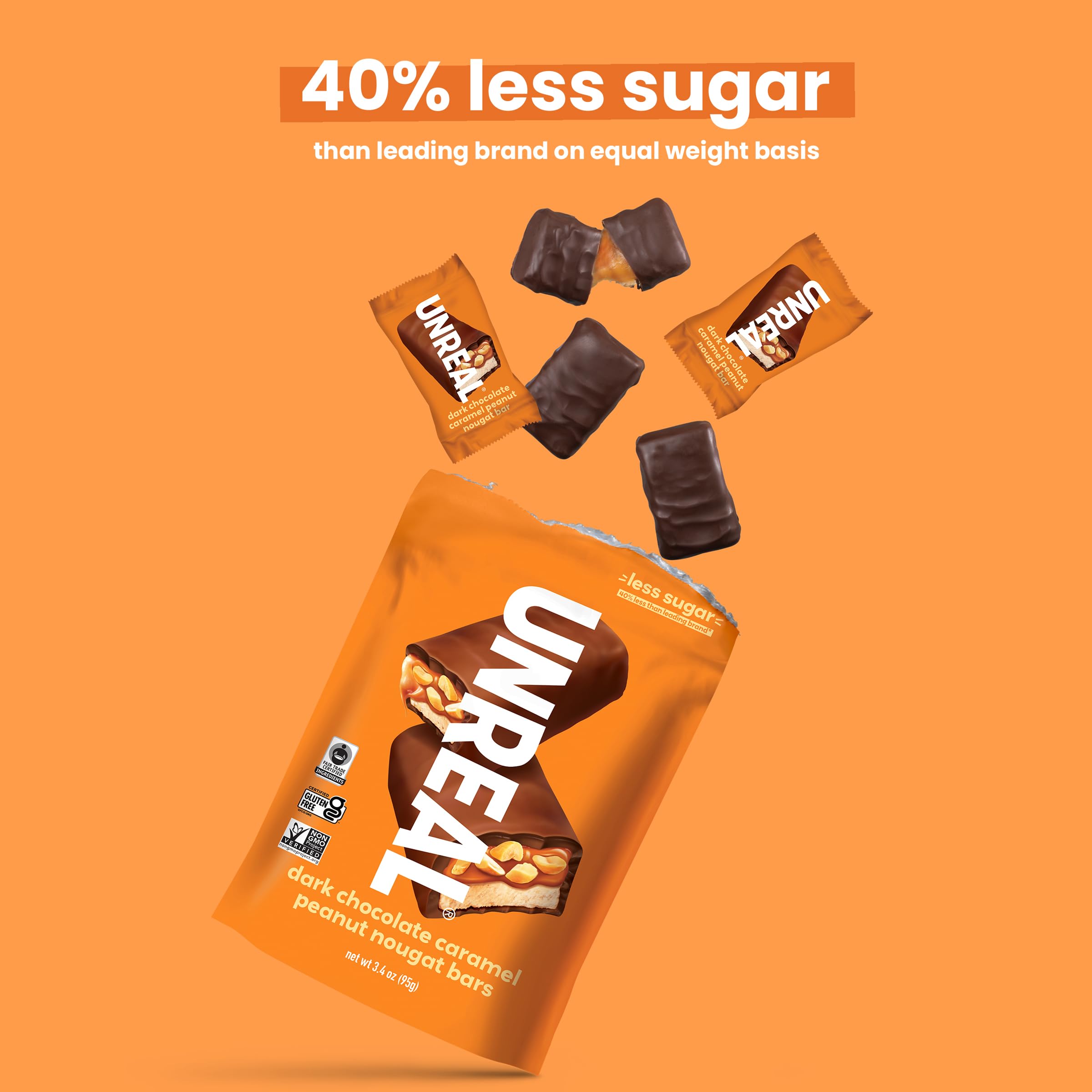Close-up shows fluffy nougat with peanuts and caramel in rich chocolate.